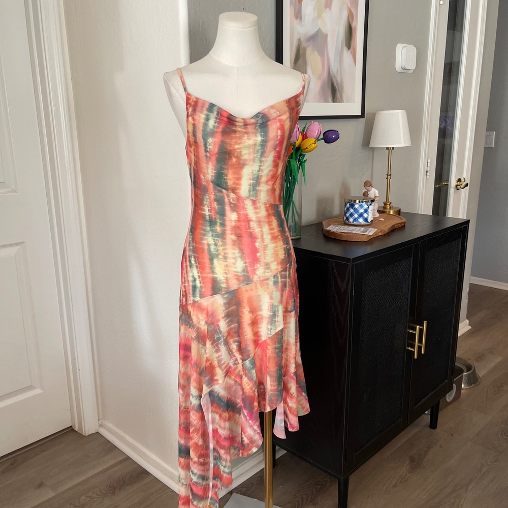 Steve Madden Mesh Midi Dress Womens S Pink Orange Tie Dye Excellent Asymmetrical